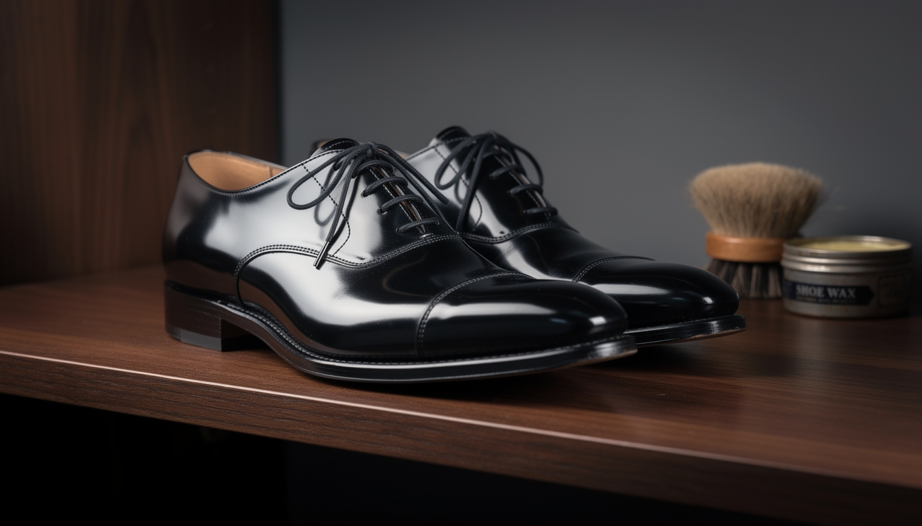 Para eleganckich skórzanych butów po zakończonej renowacji i pielęgnacji
